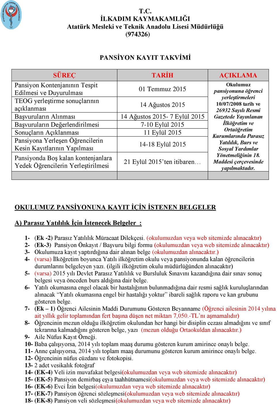 Boş kalan kontenjanlara Yedek Öğrencilerin Yerleştirilmesi 21 Eylül 2015 ten itibaren Okulumuz pansiyonuna öğrenci yerleştirmeleri 10/07/2008 tarih ve 26932 Sayılı Resmi Gazetede Yayınlanan