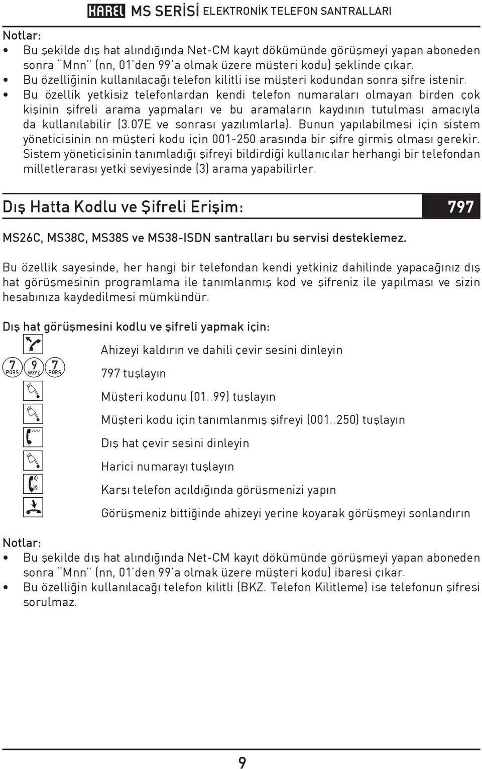 u özellik yetkisiz telefonlardan kendi telefon numaraları olmayan birden çok kişinin şifreli arama yapmaları ve bu aramaların kaydının tutulması amacıyla da kullanılabilir (3.