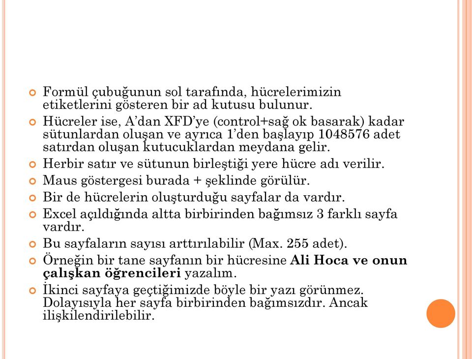 Herbir satır ve sütunun birleştiği yere hücre adı verilir. Maus göstergesi burada + şeklinde görülür. Bir de hücrelerin oluşturduğu sayfalar da vardır.