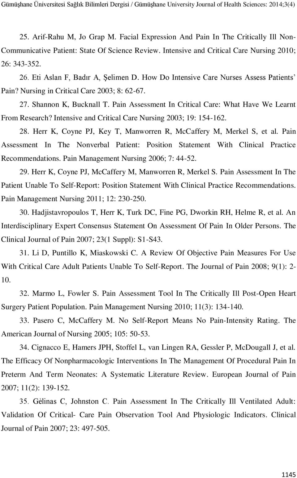 Pain Assessment In Critical Care: What Have We Learnt From Research? Intensive and Critical Care Nursing 2003; 19: 154-162. 28. Herr K, Coyne PJ, Key T, Manworren R, McCaffery M, Merkel S, et al.