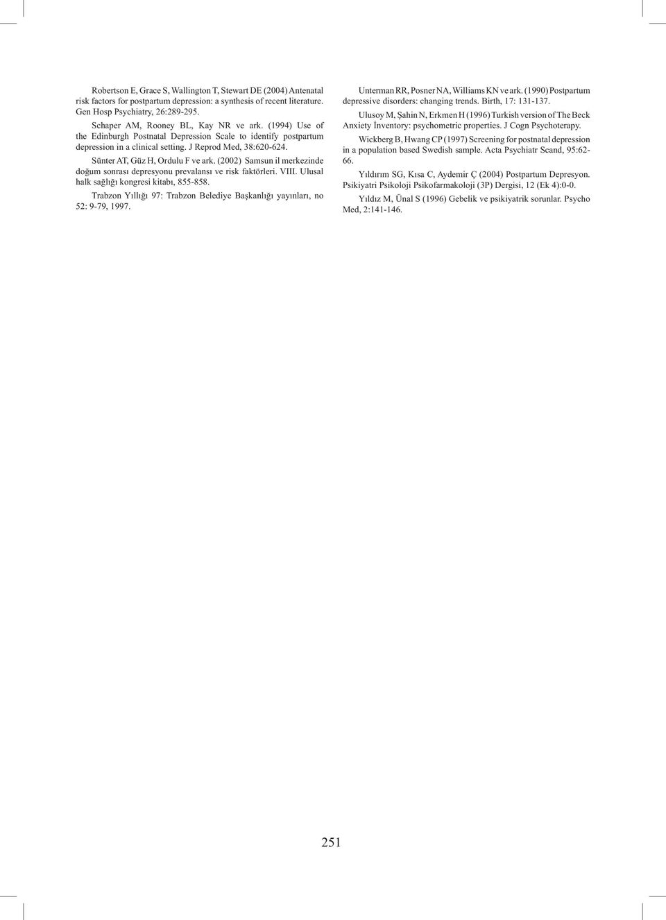 Sünter AT, Güz H, Ordulu F ve ark. (2002) Samsun il merkezinde doğum sonrası depresyonu prevalansı ve risk faktörleri. VIII. Ulusal halk sağlığı kongresi kitabı, 855-858.