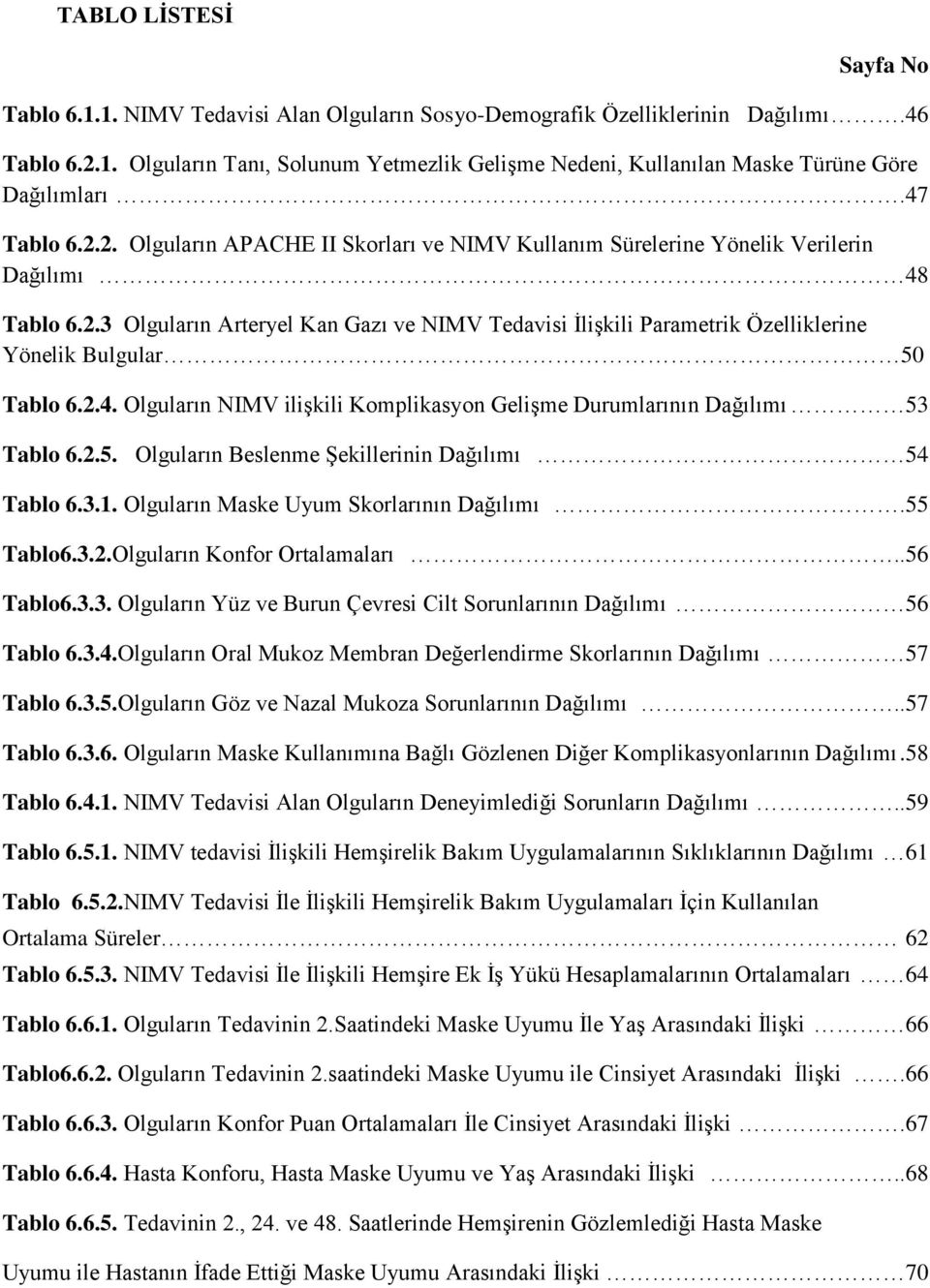 2.4. Olguların NIMV iliģkili Komplikasyon GeliĢme Durumlarının Dağılımı 53 Tablo 6.2.5. Olguların Beslenme ġekillerinin Dağılımı 54 Tablo 6.3.1. Olguların Maske Uyum Skorlarının Dağılımı.55 Tablo6.3.2.Olguların Konfor Ortalamaları.