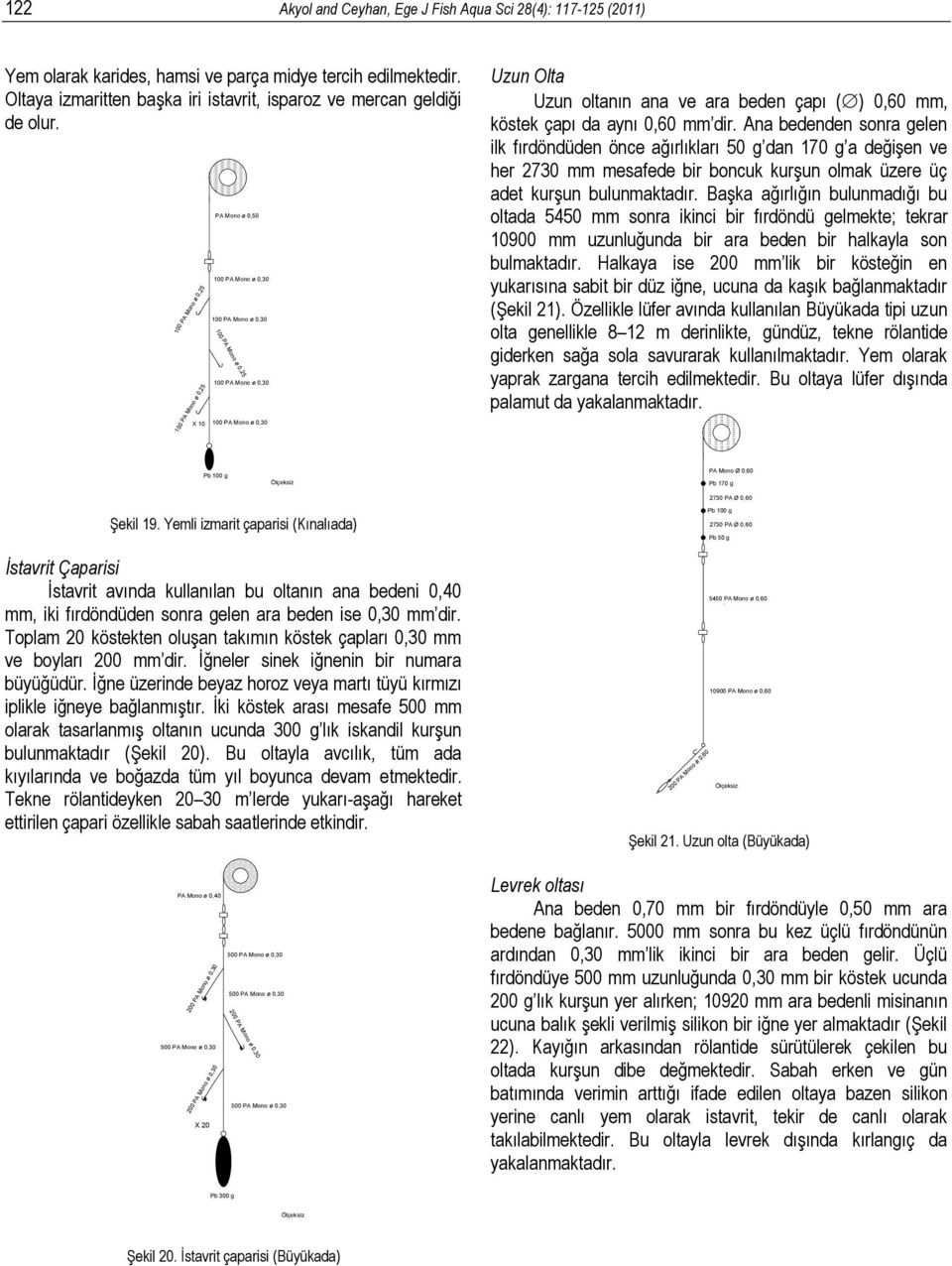 aynı 0,60 mm dir. Ana bedenden sonra gelen ilk fırdöndüden önce ağırlıkları 0 g dan 170 g a değişen ve her 2730 mm mesafede bir boncuk kurşun olmak üzere üç adet kurşun bulunmaktadır.