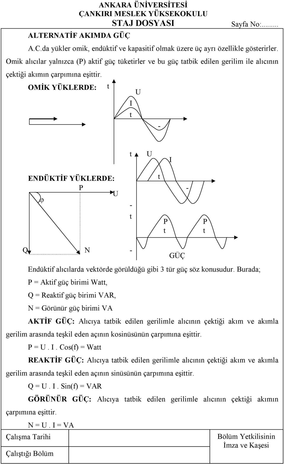 OMİK YÜKLERDE: t I t U t U I ENDÜKTİF YÜKLERDE: P U t t P t P t Q Endüktif alıcılarda vektörde görüldüğü gibi 3 tür güç söz konusudur.