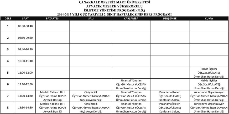 Mesut YÜCESAN Öğr.Gör.Ufuk ATEŞ Ümmühan Hatun Dersliği Ümmühan Hatun Dersliği Mesleki Yabancı Dil I Girişimcilik Finansal Yönetim Pazarlama İlkeleri Yönetim ve Organizasyon Öğr.Gör.Fatma TOPUZ Öğr.