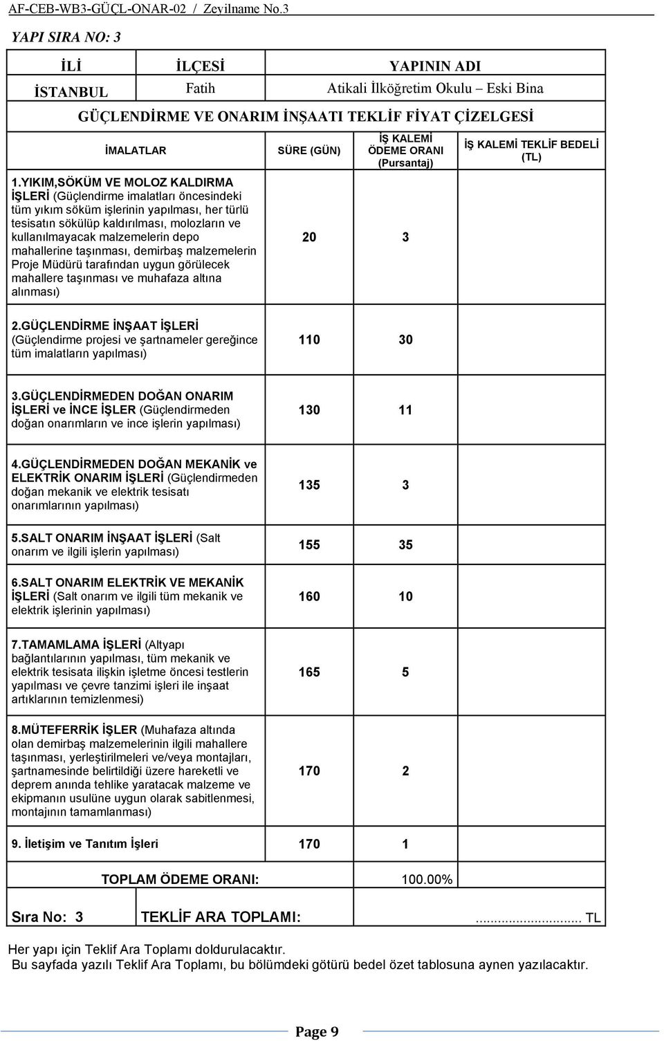 mahallerine taşınması, demirbaş malzemelerin Proje Müdürü tarafından uygun görülecek mahallere taşınması ve muhafaza altına alınması) SÜRE (GÜN) İŞ KALEMİ ÖDEME ORANI (Pursantaj) 20 3 İŞ KALEMİ