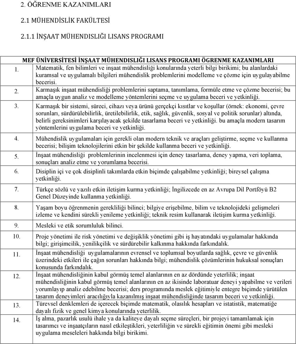 becerisi. 2. Karmaşık inşaat mühendisliği problemlerini saptama, tanımlama, formüle etme ve çözme becerisi; bu amaçla uygun analiz ve modelleme yöntemlerini seçme ve uygulama beceri ve yetkinliği. 3.