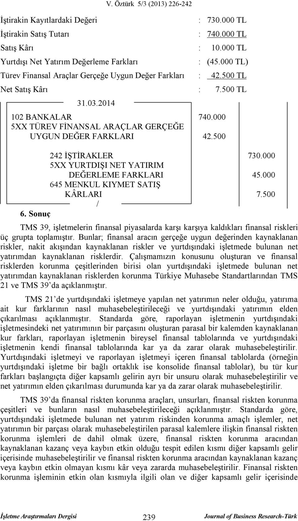 500 242 İŞTİRAKLER 730.000 5XX YURTDIŞI NET YATIRIM DEĞERLEME FARKLARI 45.000 645 MENKUL KIYMET SATIŞ KÂRLARI 7.500 / 6.