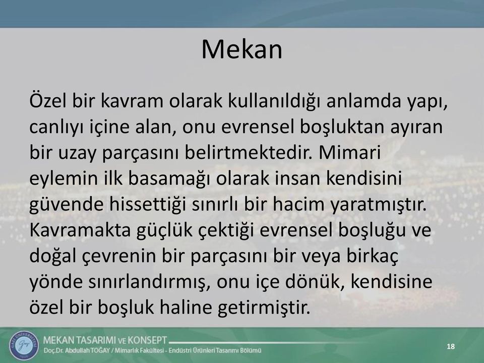 Mimari eylemin ilk basamağı olarak insan kendisini güvende hissettiği sınırlı bir hacim yaratmıştır.