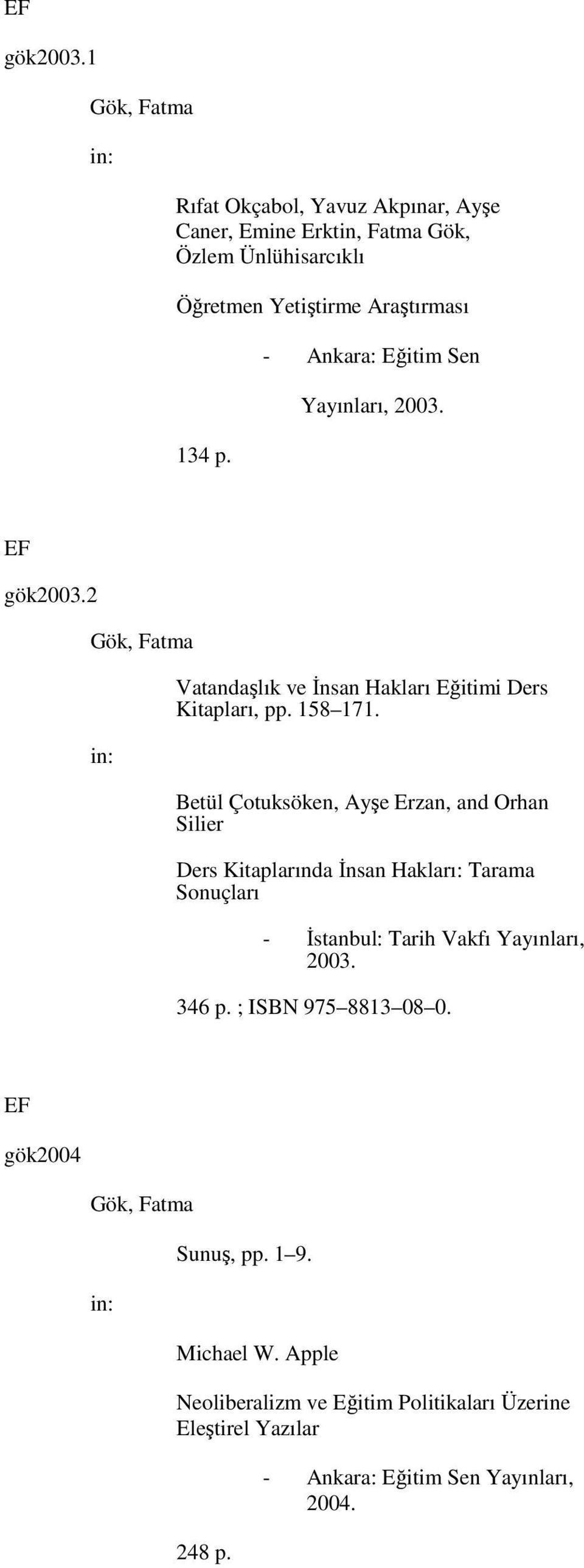 Betül Çotuksöken, Ayşe Erzan, and Orhan Silier Ders Kitaplarında İnsan Hakları: Tarama Sonuçları - İstanbul: Tarih Vakfı Yayınları, 2003. 346 p.