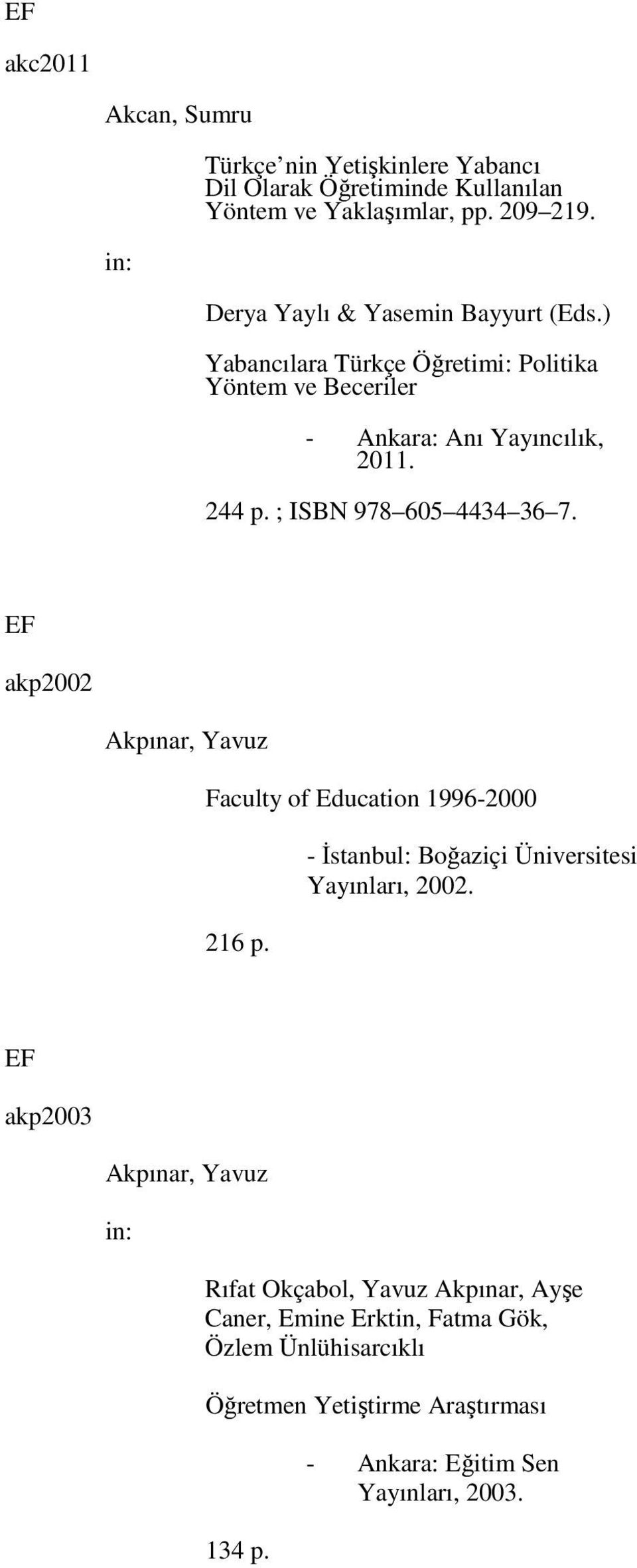 ; ISBN 978 605 4434 36 7. akp2002 Akpınar, Yavuz Faculty of Education 1996-2000 216 p. Yayınları, 2002.