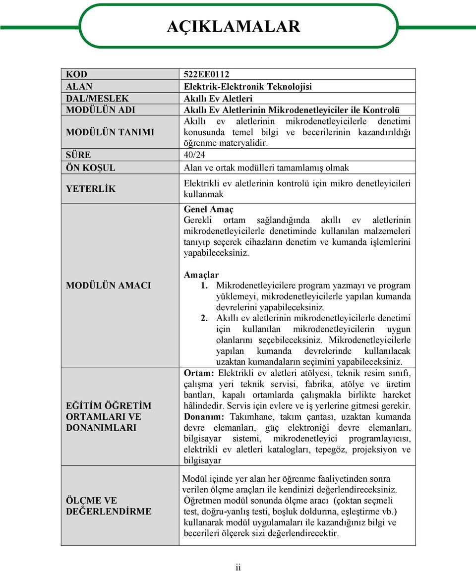 SÜRE 40/24 ÖN KOŞUL Alan ve ortak modülleri tamamlamış olmak YETERLİK AÇIKLAMALAR Elektrikli ev aletlerinin kontrolü için mikro denetleyicileri kullanmak Genel Amaç Gerekli ortam sağlandığında akıllı