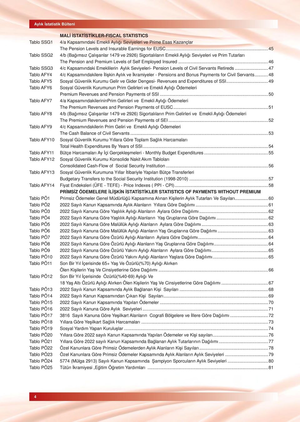 ..46 Tablo SSG3 4/c Kapsamındaki Emeklilerin Aylık Seviyeleri- Pension Levels of Civil Servants Retireds.