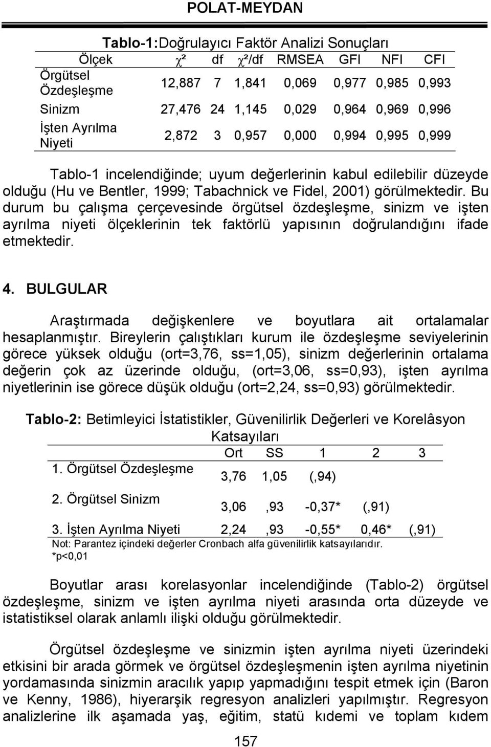 Bu durum bu çalışma çerçevesinde örgütsel özdeşleşme, sinizm ve işten ayrılma niyeti ölçeklerinin tek faktörlü yapısının doğrulandığını ifade etmektedir. 4.