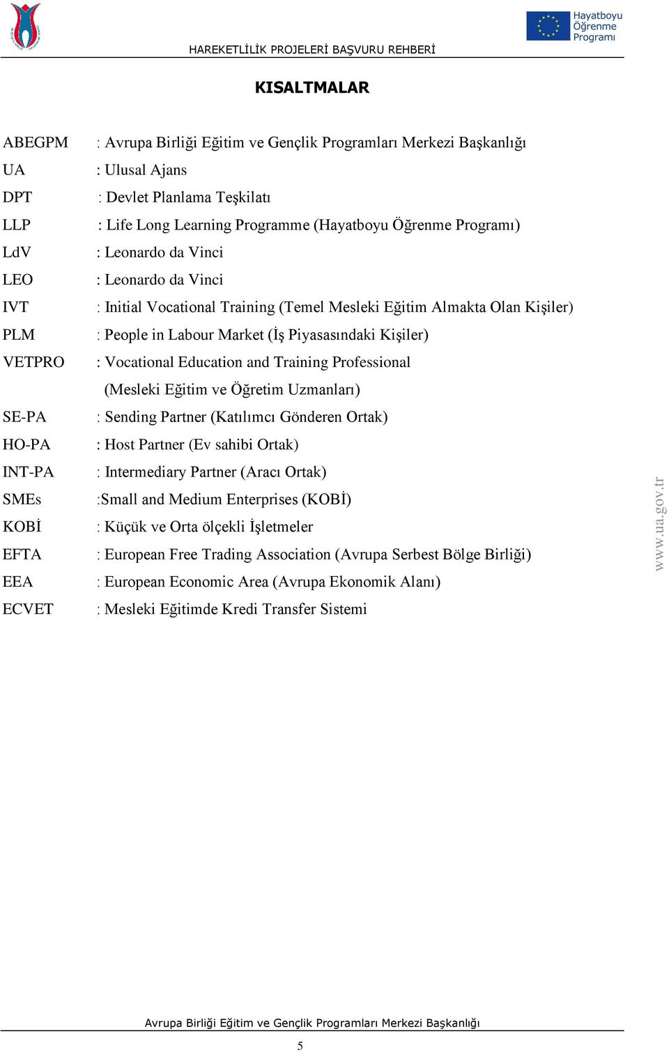 and Training Professional (Mesleki Eğitim ve Öğretim Uzmanları) : Sending Partner (Katılımcı Gönderen Ortak) : Host Partner (Ev sahibi Ortak) : Intermediary Partner (Aracı Ortak) :Small and Medium