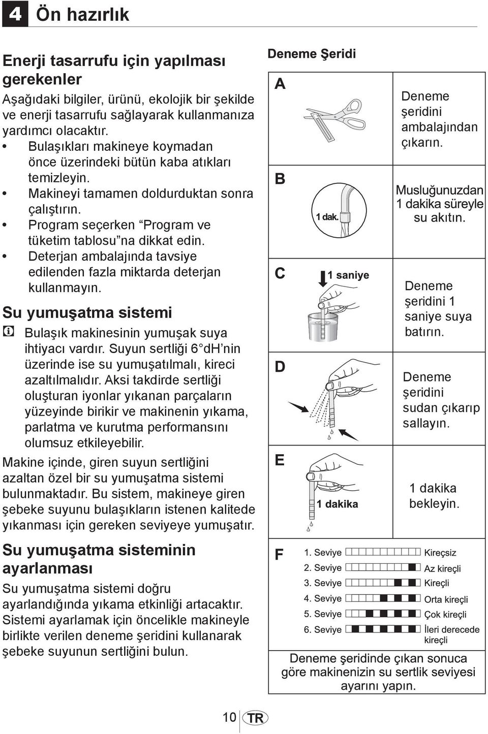 Deterjan ambalajında tavsiye edilenden fazla miktarda deterjan kullanmayın. Su yumuşatma sistemi C Bulaşık makinesinin yumuşak suya ihtiyacı vardır.