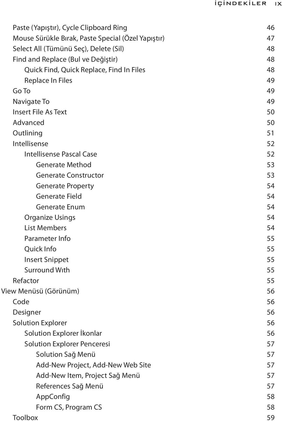 Generate Constructor 53 Generate Property 54 Generate Field 54 Generate Enum 54 Organize Usings 54 List Members 54 Parameter Info 55 Quick Info 55 Insert Snippet 55 Surround Wıth 55 Refactor 55 View