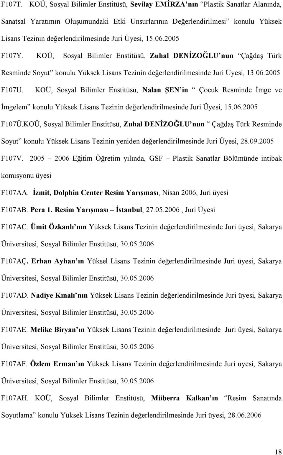 Juri Üyesi, 15.06.2005 F107Y. KOÜ, Sosyal Bilimler Enstitüsü, Zuhal DENİZOĞLU nun Çağdaş Türk Resminde Soyut konulu Yüksek Lisans Tezinin değerlendirilmesinde Juri Üyesi, 13.06.2005 F107U.