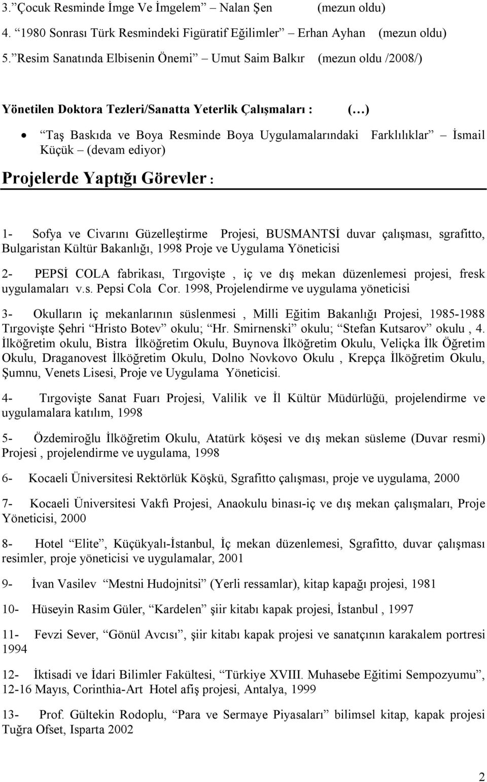 İsmail Küçük (devam ediyor) Projelerde Yaptığı Görevler : 1- Sofya ve Civarını Güzelleştirme Projesi, BUSMANTSİ duvar çalışması, sgrafitto, Bulgaristan Kültür Bakanlığı, 1998 Proje ve Uygulama