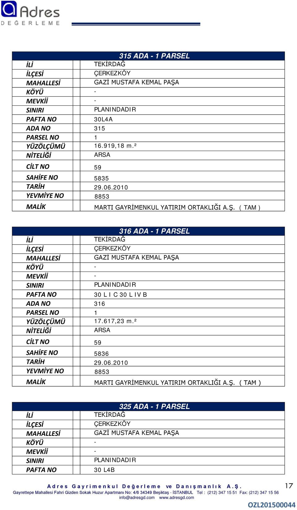 ( TAM ) 316 ADA - 1 PARSEL İLİ TEKİRDAĞ İLÇESİ ÇERKEZKÖY MAHALLESİ GAZİ MUSTAFA KEMAL PAŞA KÖYÜ - MEVKİİ - SINIRI PLANINDADIR PAFTA NO 30 L I C 30 L IV B ADA NO 316 PARSEL NO 1 YÜZÖLÇÜMÜ 17.617,23 m.