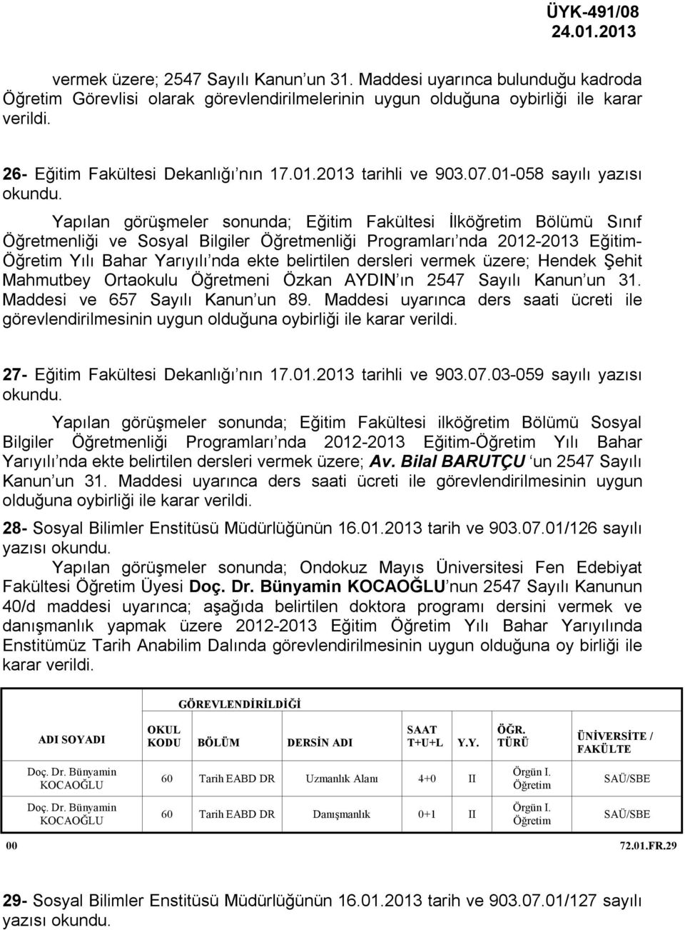 01-058 sayılı yazısı Yapılan görüşmeler sonunda; Eğitim Fakültesi İlköğretim Bölümü Sınıf Öğretmenliği ve Sosyal Bilgiler Öğretmenliği Programları nda 2012-2013 Eğitim- Yılı Bahar Yarıyılı nda ekte