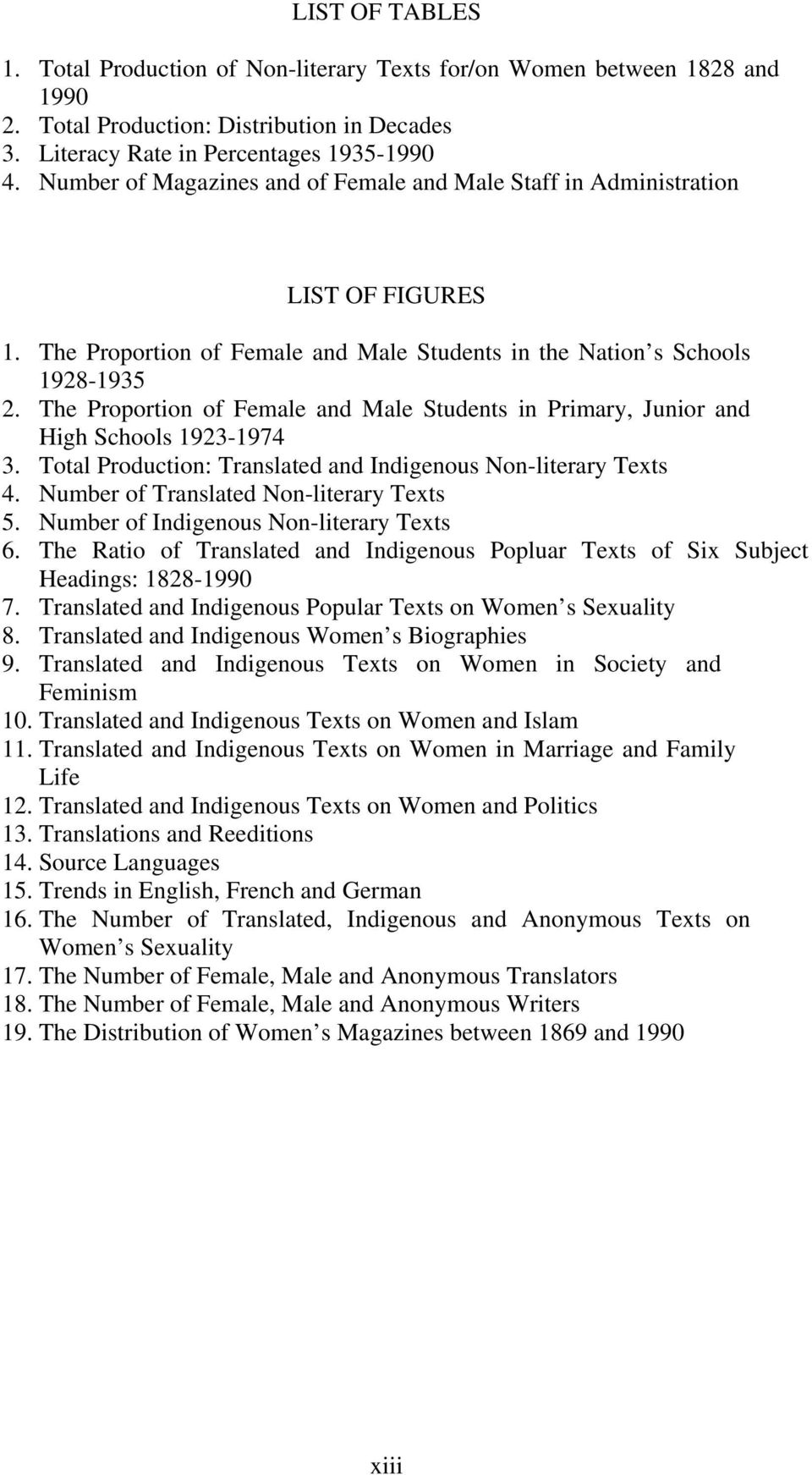 The Proportion of Female and Male Students in Primary, Junior and High Schools 1923-1974 3. Total Production: Translated and Indigenous Non-literary Texts 4. Number of Translated Non-literary Texts 5.