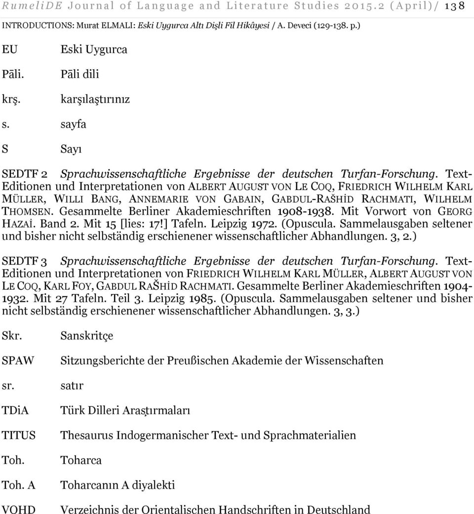 Text- Editionen und Interpretationen von ALBERT AUGUST VON LE COQ, FRIEDRICH WILHELM KARL MÜLLER, WILLI BANG, ANNEMARIE VON GABAIN, GABDUL-RAŠHİD RACHMATI, WILHELM THOMSEN.