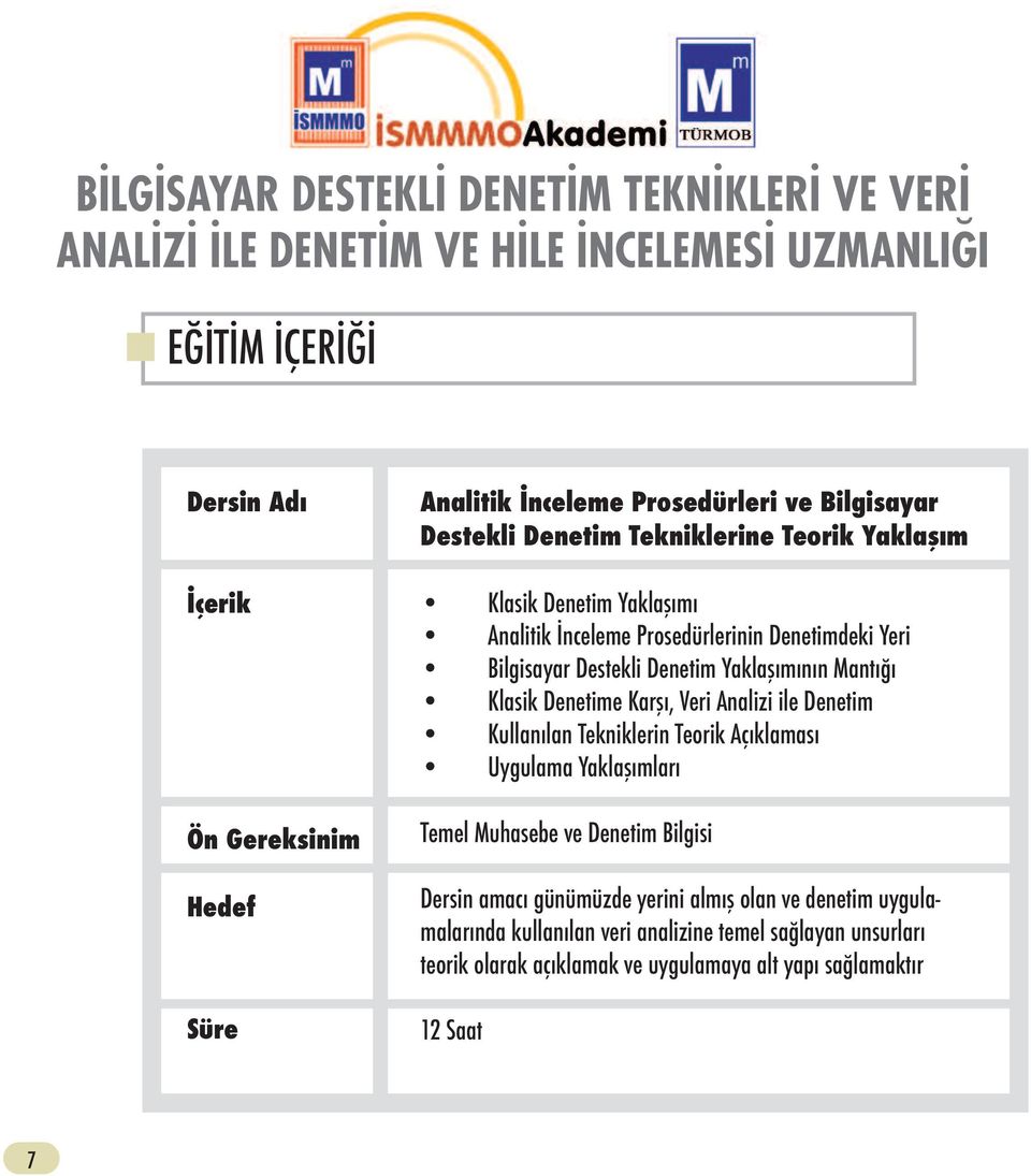 Veri Analizi ile Denetim Kullanılan Tekniklerin Teorik Açıklaması Uygulama Yaklaşımları Temel Muhasebe ve Denetim Bilgisi Dersin amacı günümüzde yerini