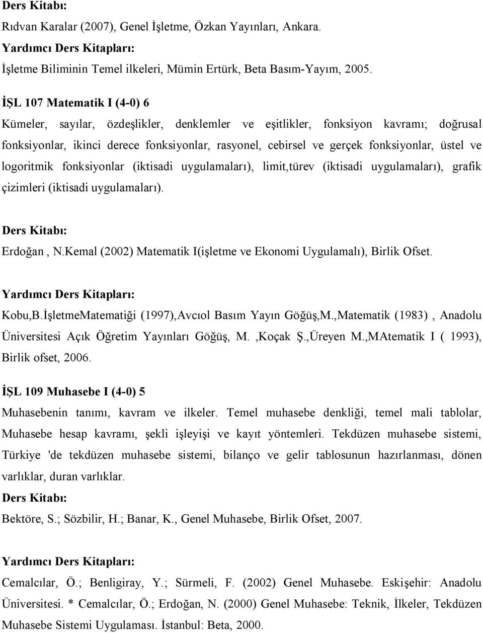 üstel ve logoritmik fonksiyonlar (iktisadi uygulamaları), limit,türev (iktisadi uygulamaları), grafik çizimleri (iktisadi uygulamaları). Erdoğan, N.