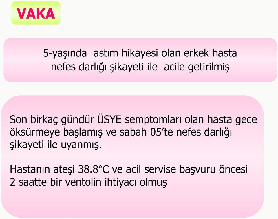 öksürmeye başlamış ve sabah 05 te nefes darlığı şikayeti ile uyanmış.