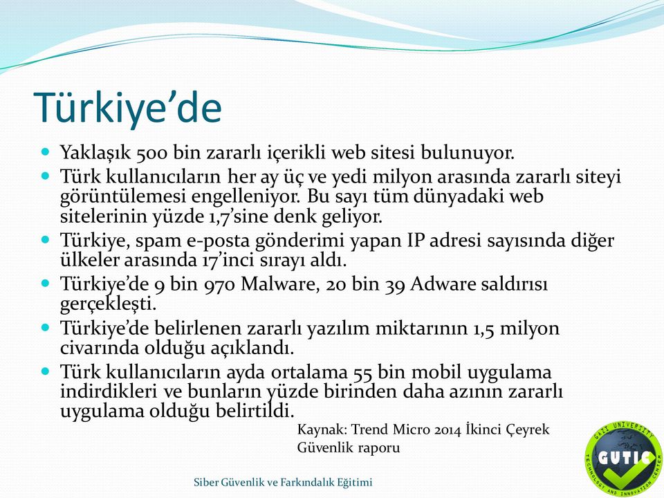 Türkiye de 9 bin 970 Malware, 20 bin 39 Adware saldırısı gerçekleşti. Türkiye de belirlenen zararlı yazılım miktarının 1,5 milyon civarında olduğu açıklandı.