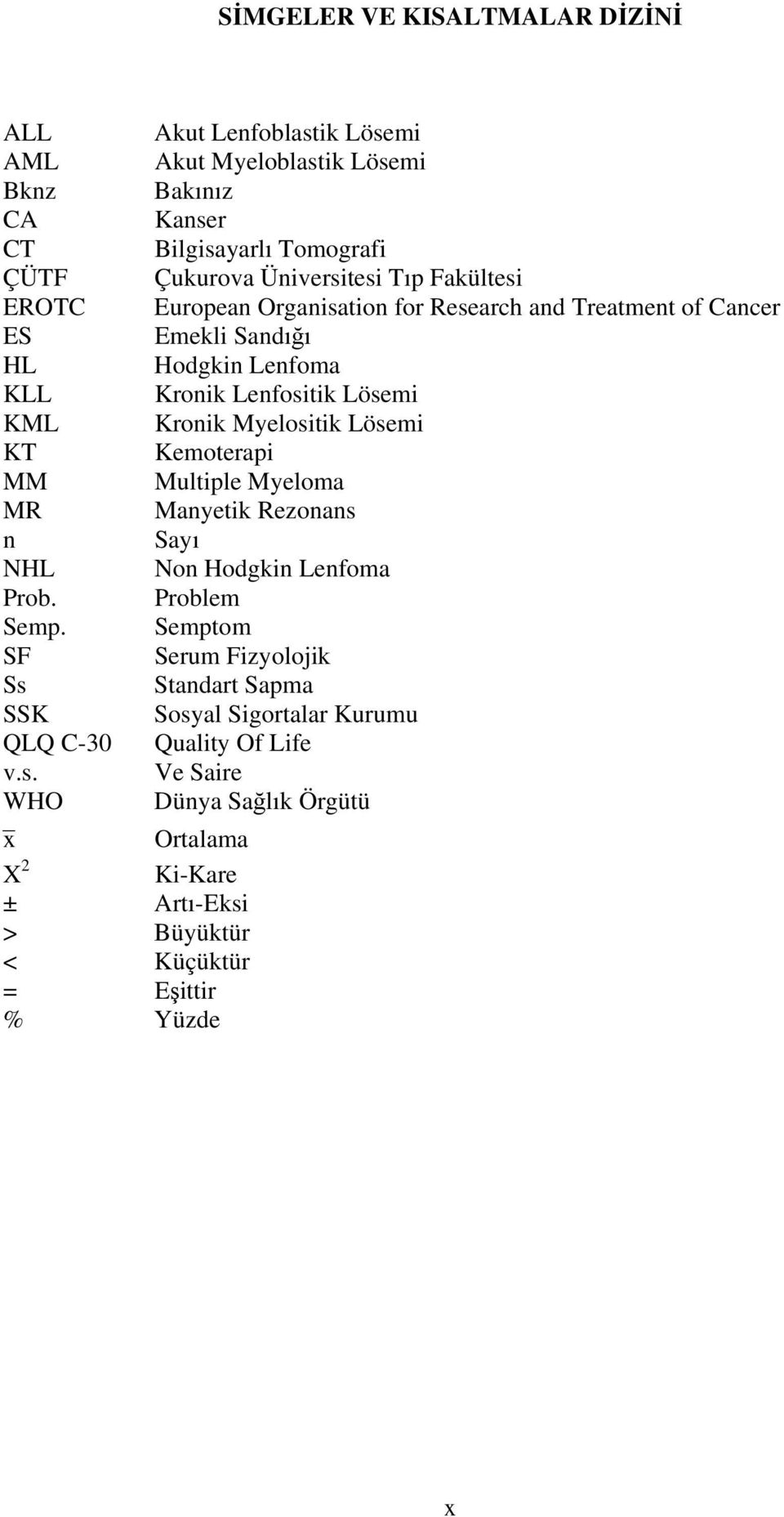 WHO x Ortalama X 2 Ki-Kare ± Artı-Eksi > Büyüktür < Küçüktür = Eşittir % Yüzde Akut Lenfoblastik Lösemi Akut Myeloblastik Lösemi Bakınız Kanser Bilgisayarlı