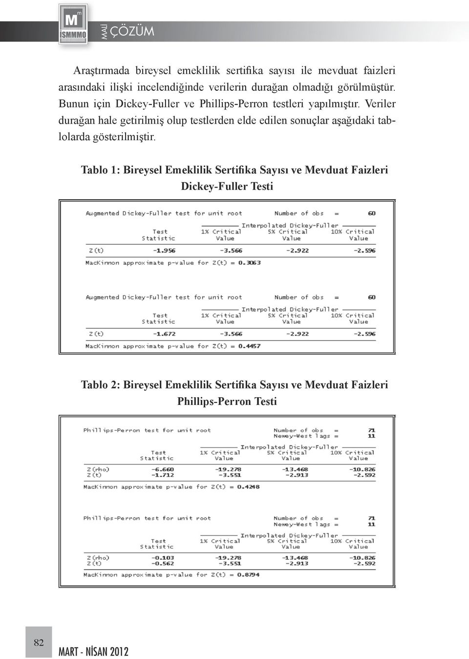 Veriler durağan hale getirilmiş olup testlerden elde edilen sonuçlar aşağıdaki tablolarda gösterilmiştir.