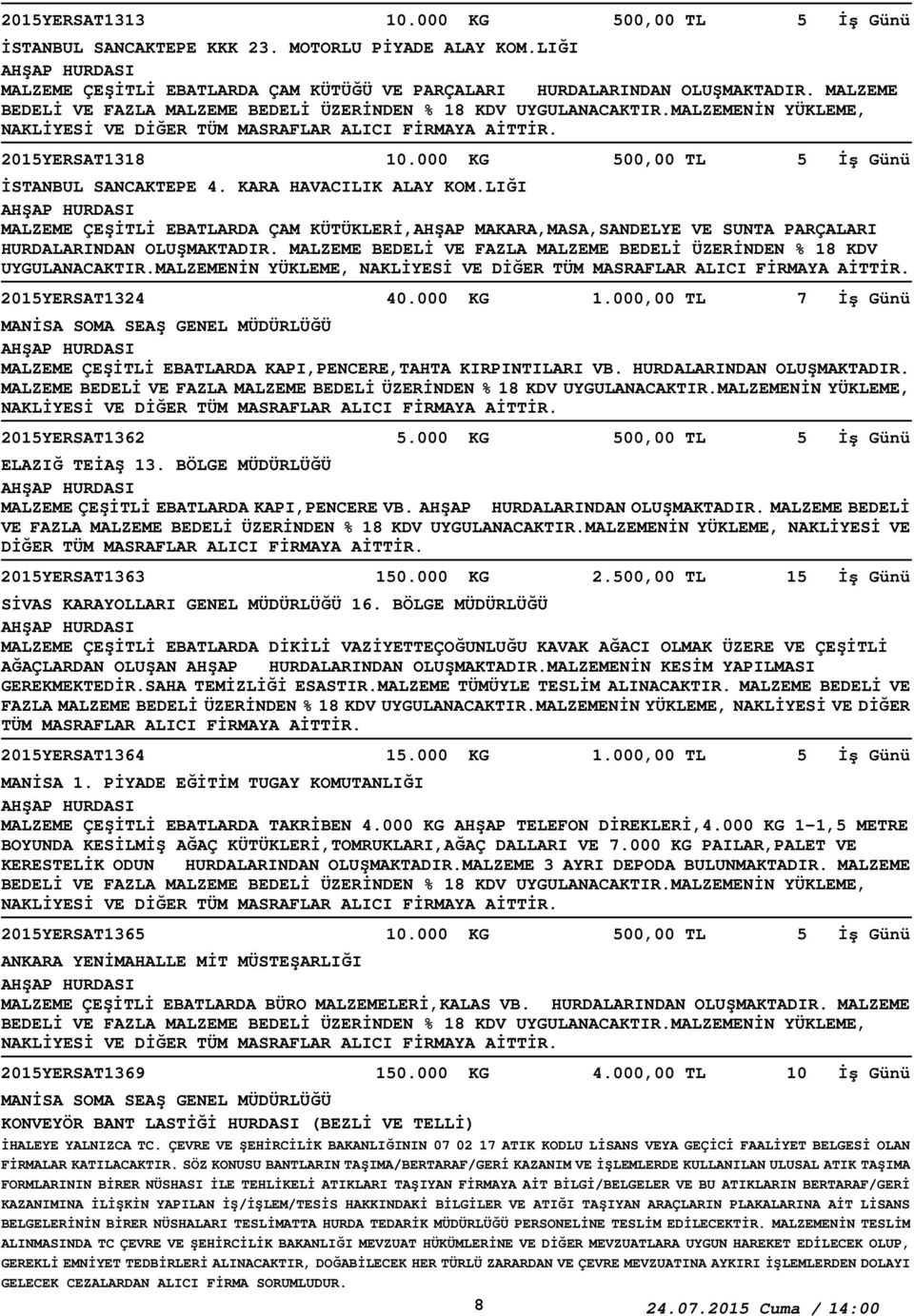 MALZEME BEDELİ VE FAZLA MALZEME BEDELİ ÜZERİNDEN % 18 KDV UYGULANACAKTIR.MALZEMENİN YÜKLEME, 2015YERSAT1324 40.