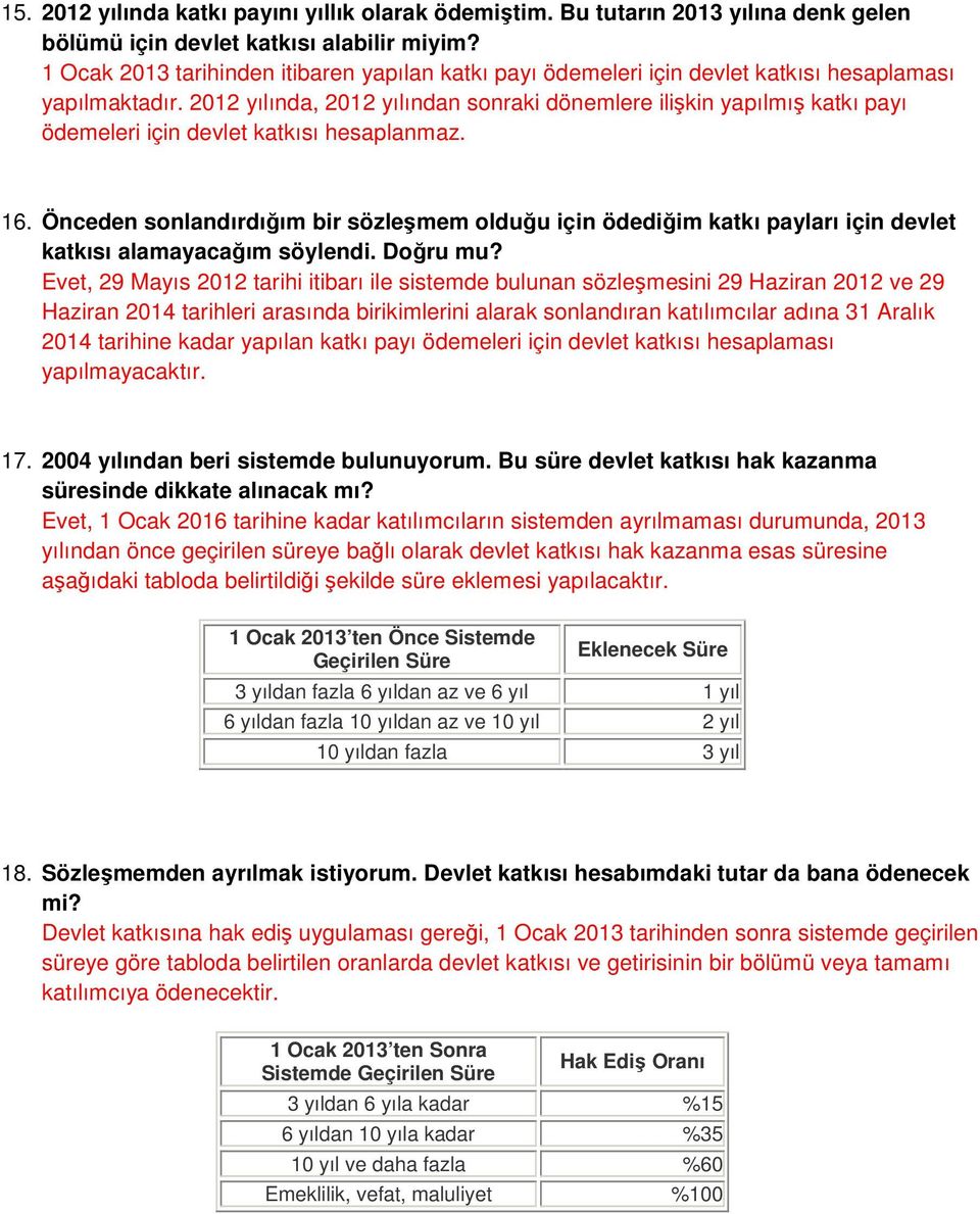 2012 yılında, 2012 yılından sonraki dönemlere ilişkin yapılmış katkı payı ödemeleri için devlet katkısı hesaplanmaz. 16.