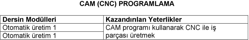 üretim 1 Kazandırılan Yeterlikler CAM