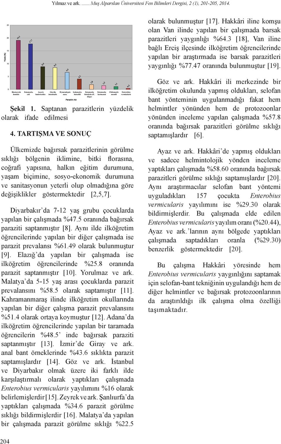 3 [18], Van iline bağlı Erciş ilçesinde ilköğretim öğrencilerinde yapılan bir araştırmada ise barsak parazitleri yaygınlığı %77.47 oranında bulunmuştur [19].