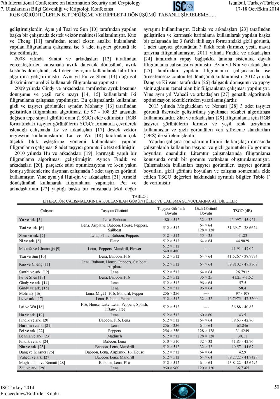 2008 yılında Santhi ve arkadaşları [12] tarafından gerçekleştirilen çalışmada ayrık dalgacık dönüşümü, ayrık kosünüs dönüşümü, tekil değer ayrışımı kullanılarak hibrit bir algoritma geliştirilmiştir.