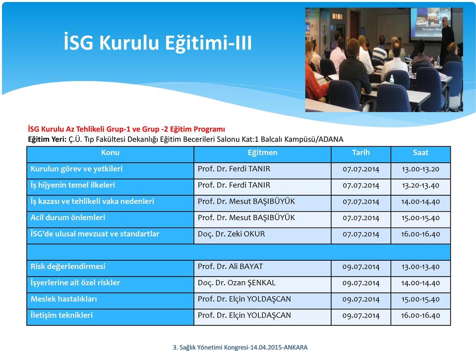 20 İş hijyenin temel ilkeleri Prof. Dr. Ferdi TANIR 07.07.2014 13.20-13.40 İş kazası ve tehlikeli vaka nedenleri Prof. Dr. Mesut BAŞIBÜYÜK 07.07.2014 14.00-14.40 Acil durum önlemleri Prof. Dr. Mesut BAŞIBÜYÜK 07.07.2014 15.