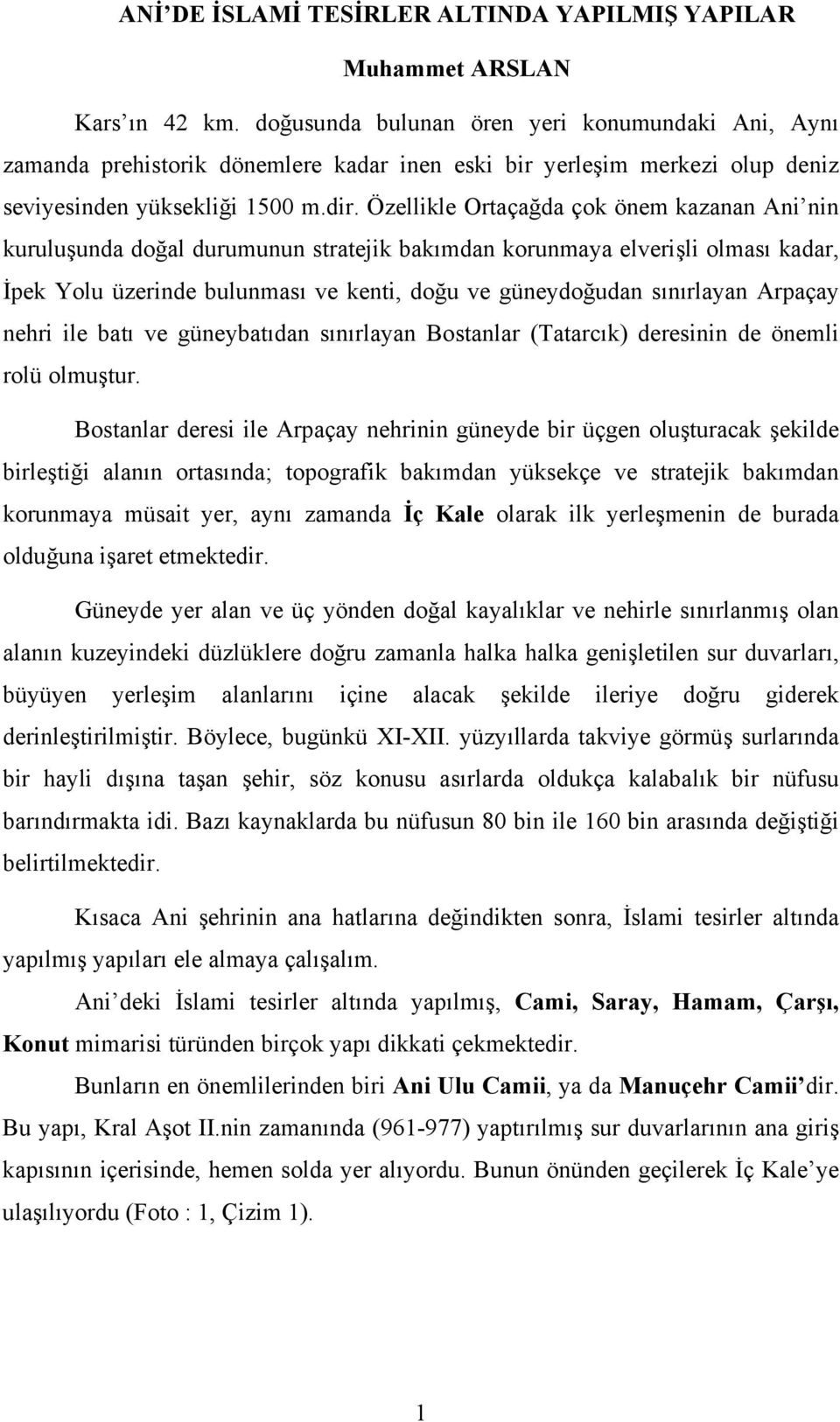 Özellikle Ortaçağda çok önem kazanan Ani nin kuruluşunda doğal durumunun stratejik bakımdan korunmaya elverişli olması kadar, İpek Yolu üzerinde bulunması ve kenti, doğu ve güneydoğudan sınırlayan