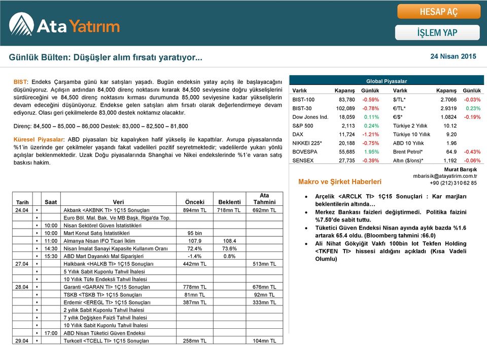 edeceğini düşünüyoruz. Endekse gelen satışları alım fırsatı olarak değerlendirmeye devam ediyoruz. Olası geri çekilmelerde 83,000 destek noktamız olacaktır.