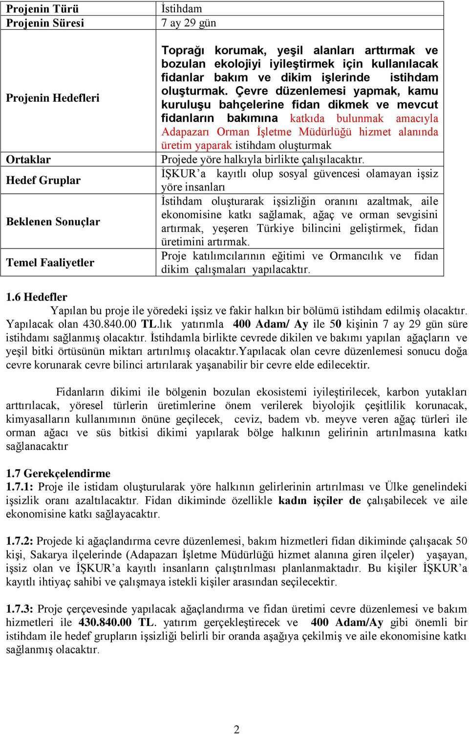 Çevre düzenlemesi yapmak, kamu kuruluşu bahçelerine fidan dikmek ve mevcut fidanların bakımına katkıda bulunmak amacıyla Adapazarı Orman İşletme Müdürlüğü hizmet alanında üretim yaparak istihdam