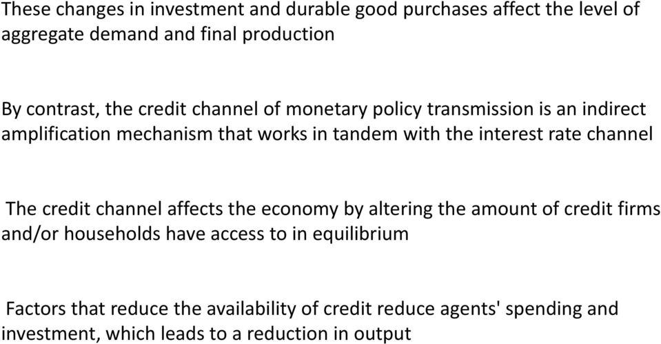 channel The credit channel affects the economy by altering the amount of credit firms and/or households have access to in