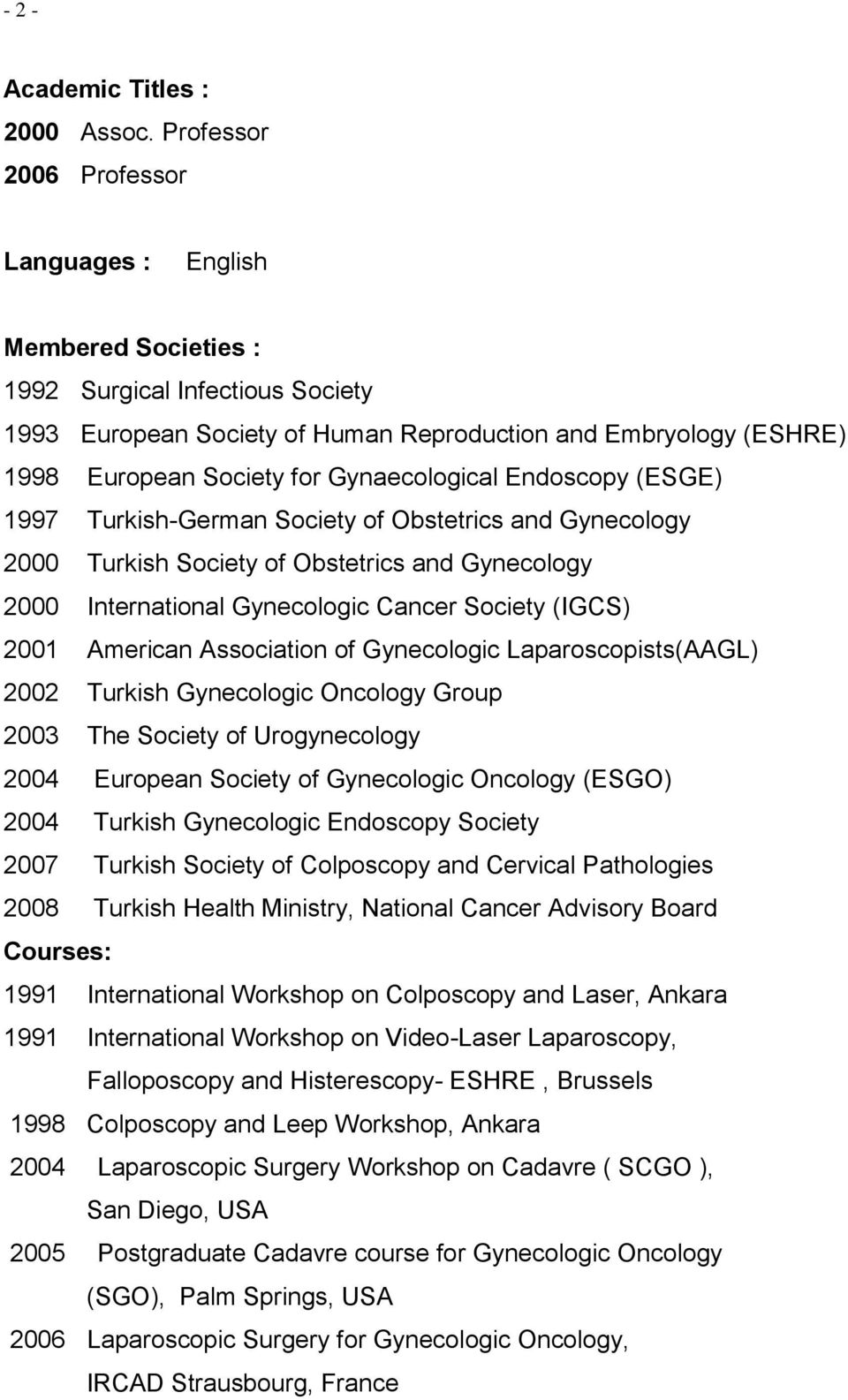 Gynaecological Endoscopy (ESGE) 1997 Turkish-German Society of Obstetrics and Gynecology 2000 Turkish Society of Obstetrics and Gynecology 2000 International Gynecologic Cancer Society (IGCS) 2001