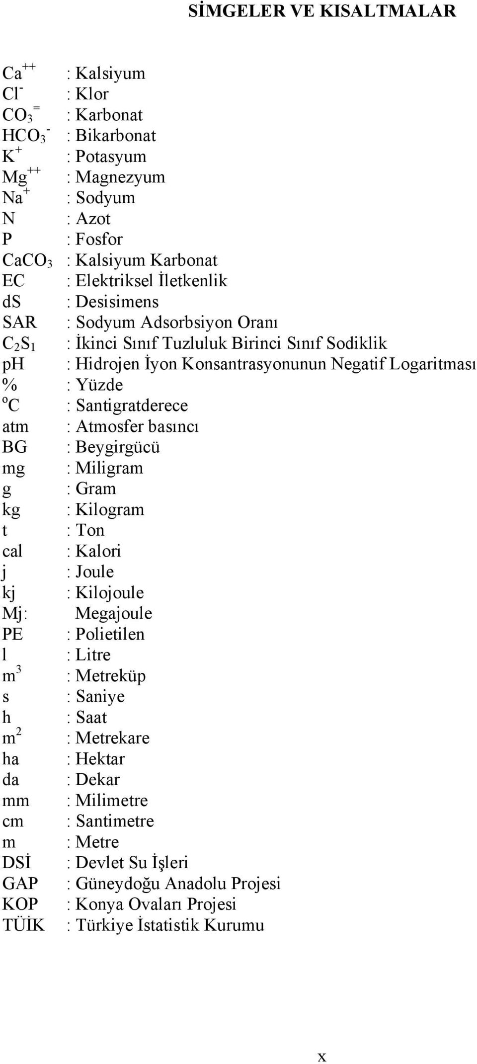 Santigratderece atm : Atmosfer basıncı BG : Beygirgücü mg : Miligram g : Gram kg : Kilogram t : Ton cal : Kalori j : Joule kj : Kilojoule Mj: Megajoule PE : Polietilen l : Litre m 3 : Metreküp s :