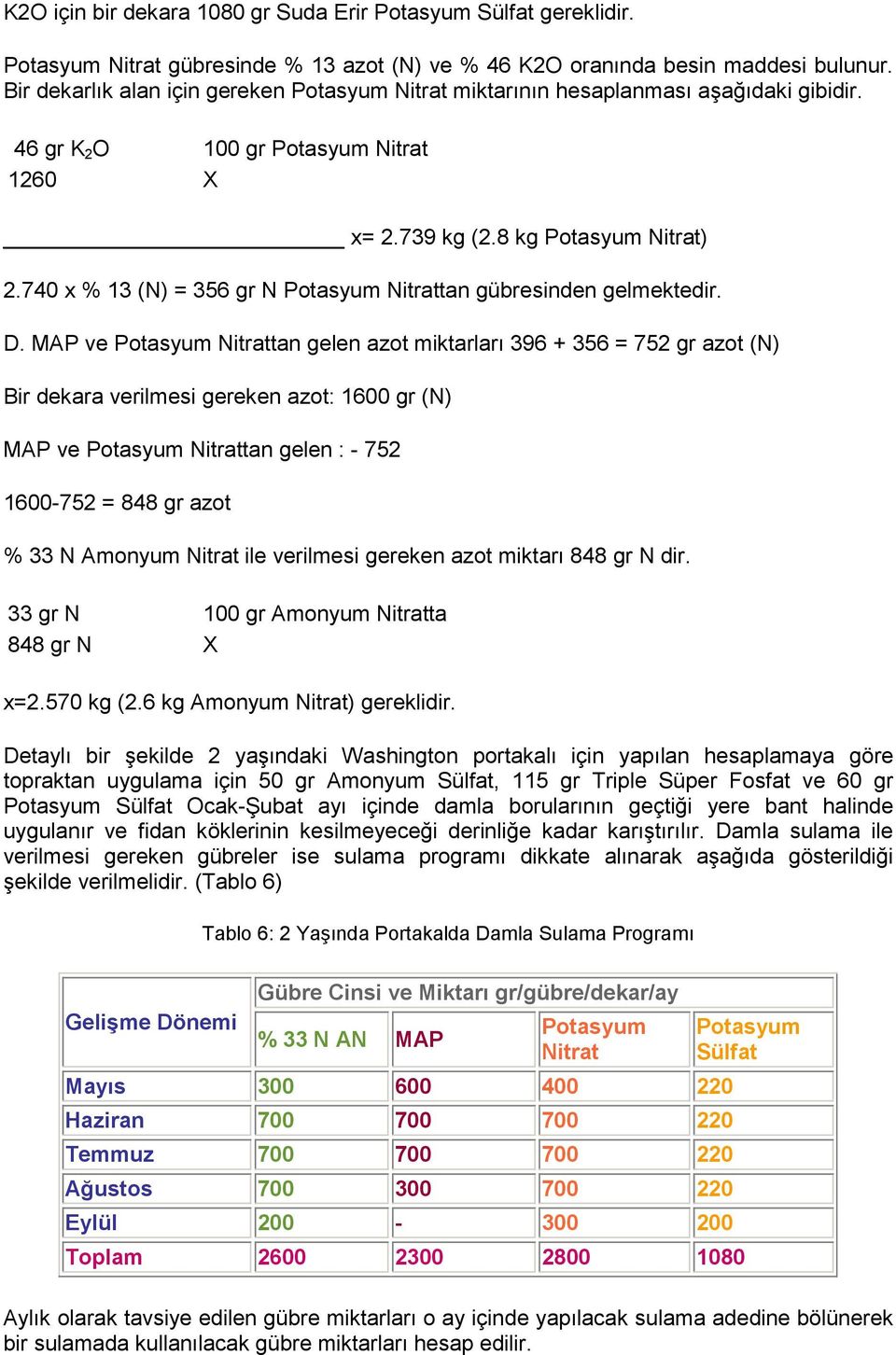 740 x % 13 (N) = 356 gr N Potasyum Nitrattan gübresinden gelmektedir. D.