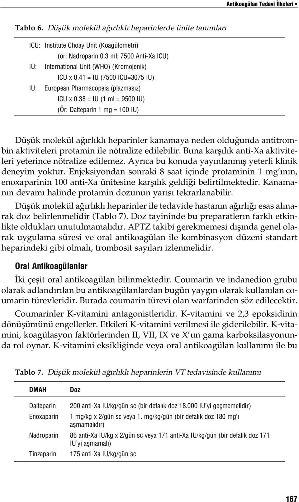 38 = IU (1 ml = 9500 IU) (Ör: Dalteparin 1 mg = 100 IU) Düflük molekül a rl kl heparinler kanamaya neden oldu unda antitrombin aktiviteleri protamin ile nötralize edilebilir.