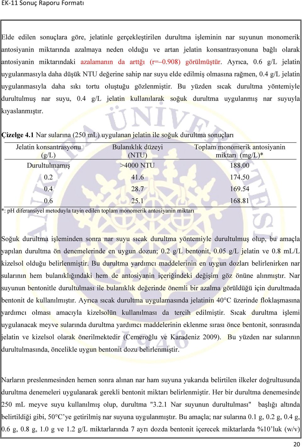 4 g/l jelatin uygulanmasıyla daha sıkı tortu oluştuğu gözlenmiştir. Bu yüzden sıcak durultma yöntemiyle durultulmuş nar suyu, 0.