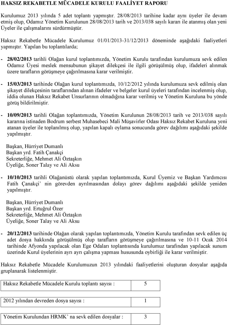 Haksız Rekabetle Mücadele Kurulumuz 01/01/2013-31/12/2013 döneminde aşağıdaki faaliyetleri yapmıştır.
