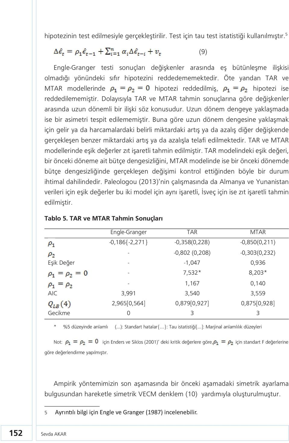 Öte yandan TAR ve MTAR modellerinde hipotezi reddedilmiş, hipotezi ise reddedilememiştir. Dolayısıyla TAR ve MTAR tahmin sonuçlarına göre değişkenler arasında uzun dönemli bir ilişki söz konusudur.